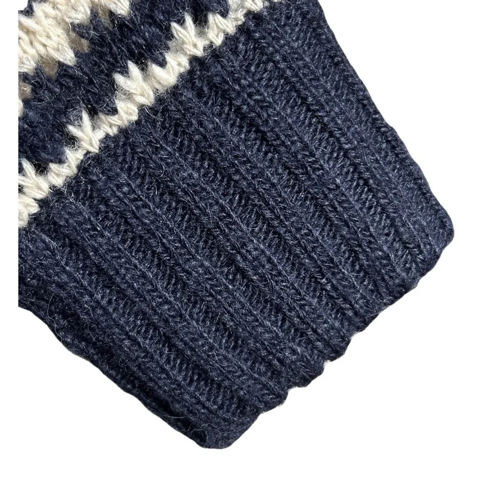 Tory Burch Wool Blend Turtleneck Sweater Navy Cream Stripe Gold TB Logo Sz Large